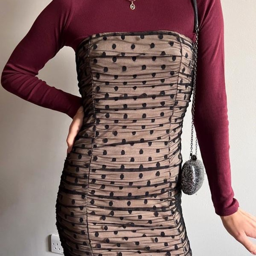 Elegant Polka Dot Dress in Burgundy and Black